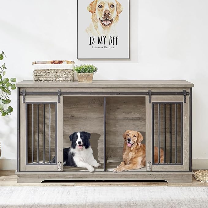61'' Double Dog Crate Furniture for 2 Dogs, Large Double Dog Kennel Furniture TV Stand, Heavy Duty Dog Crate, Furniture Style Dog Crate End Table, Wood Crates for Dogs Kennel Indoor
