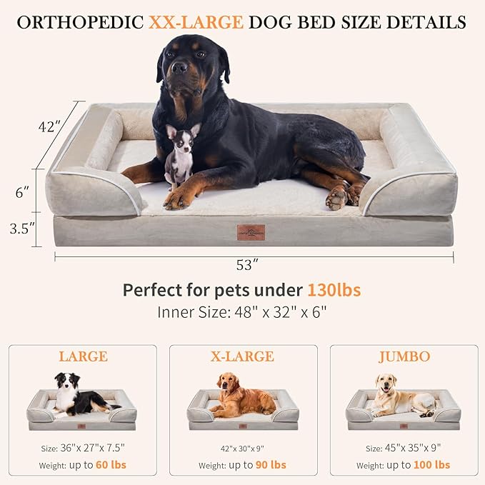 XXL Dog Bed Waterproof, Extra Large Dog Beds Orthopedic Foam, Washable Dog Sofa Bed Pet Bed with Removable Cover & Non-Slip Bottom(XX-large,Beige)