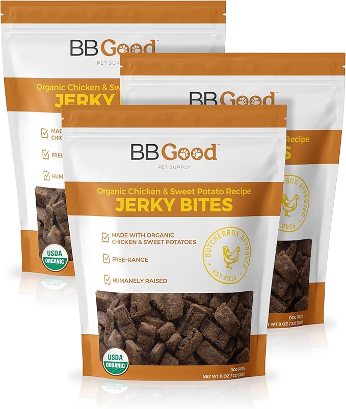 Dog Treats from ButcherBox - Organic Chicken and Sweet Potato Jerky Bites for Small and Large Dogs, Grain Free, Made and Sourced in The USA, 8 oz Bag (3 Count)