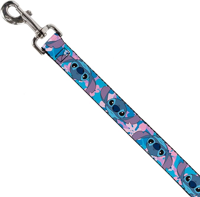 Disney Pet Leash, Dog Leash, Lilo and Stitch Stitch Flip Expressions Close Up Blues Pinks, 6 Feet Long 1.0 Inch Wide