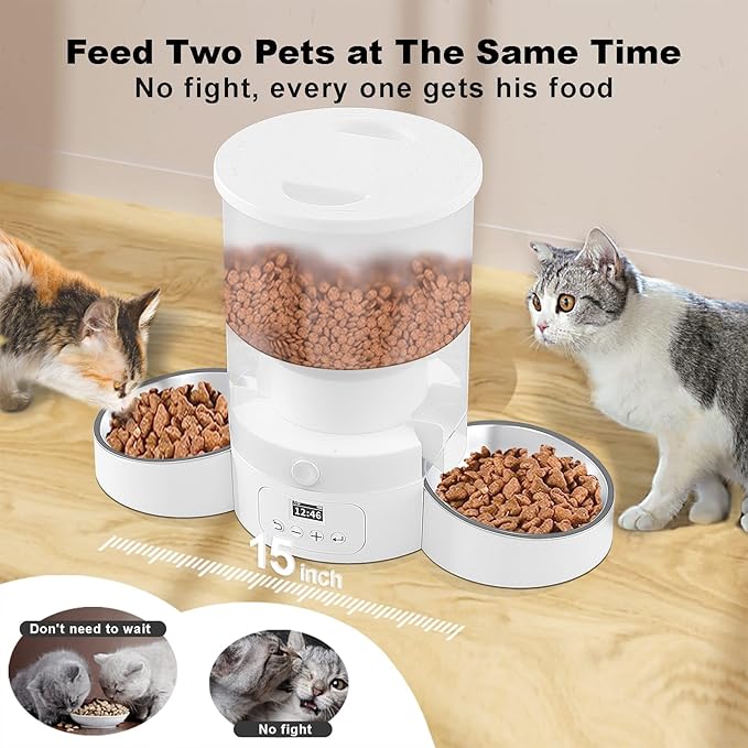 Automatic Cat Feeder for 2 Cats, 3L Cat Food Dispenser SURDY Auto Cat Feeder with 2 Stainless Bowls, 10s Meal Call Dual Power Supply and Timer Setting 12 Portions 6 Meals Per Day for Cats and Dogs