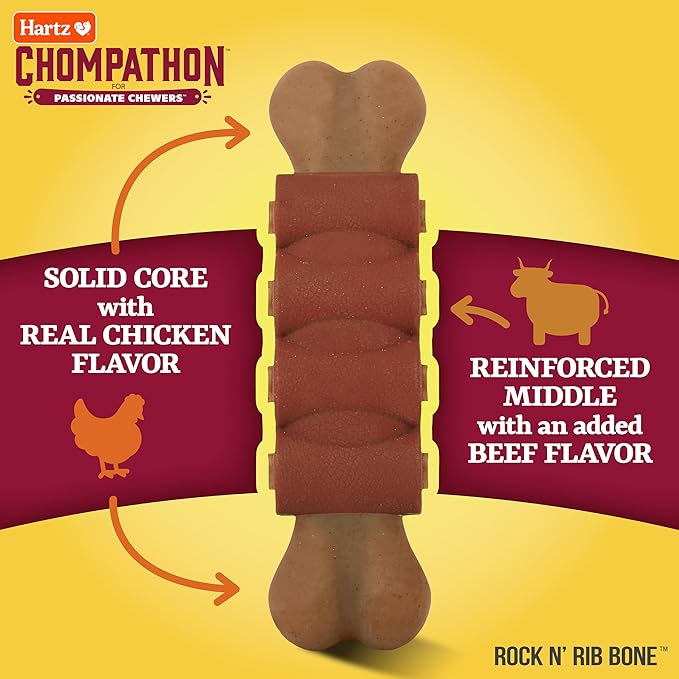 Hartz New Chompathon Rock 'N Rib Bone Dog Chew Toy for Aggressive Chewers, Double Layered Flavored with Chicken & Beef