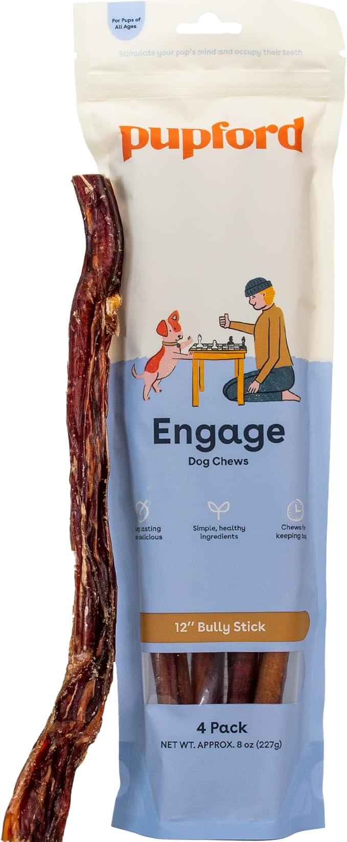 Pupford Thick Bully Sticks for Dogs & Puppies, Smoked for Improved Smell, Natural, Long-Lasting, Single Ingredient Chews for Medium & Large Breeds (12", 4 Count)