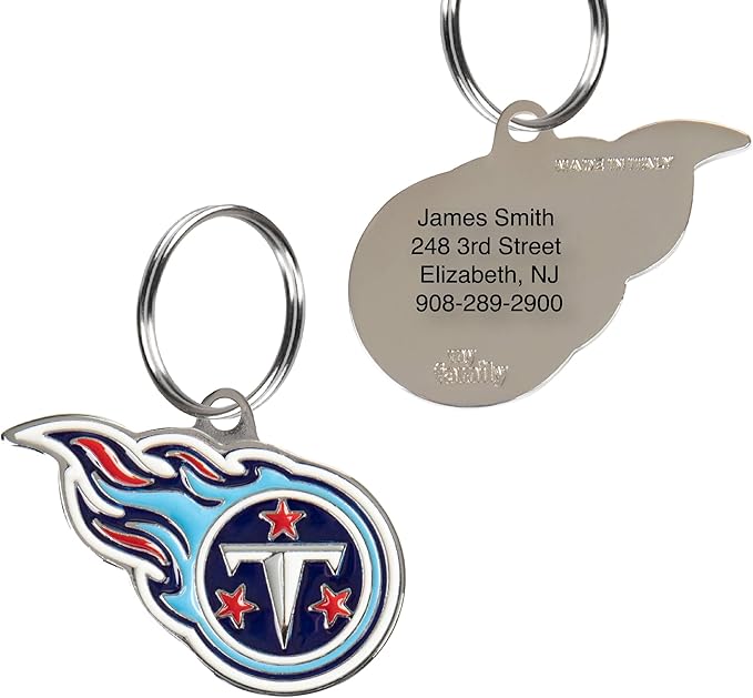NFL Tennessee Titans Engraving Pet ID Tags in 32 Team Logo Shapes Personalized Dog Tags and Cat Tags with 3 Lines of Customizable Text for Tracking & Safety. Stainless Steel Pet ID Tracking Tags