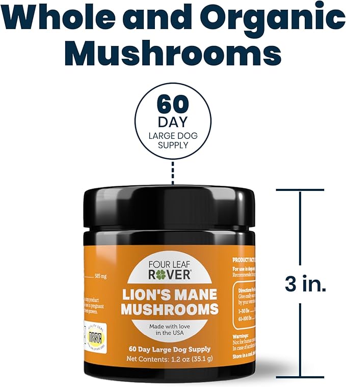 Lion's Mane - Organic Mushrooms Extract for Dogs | Hericenones & Erinacines | Supports Cognitive Health & Neurological Function - 60-Day Large Dog Supply