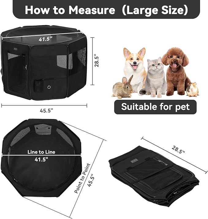 PETSFIT Dog Playpen, 45.5" Sturdy Pop Up Dog Kennel Foldable Dog Pen Indoor Outdoor Puppy Playpen for Medium Dogs Cats with Traveling Bag Zipper Sealed Removable Mesh Top Leakproof Bottom Mat Black L
