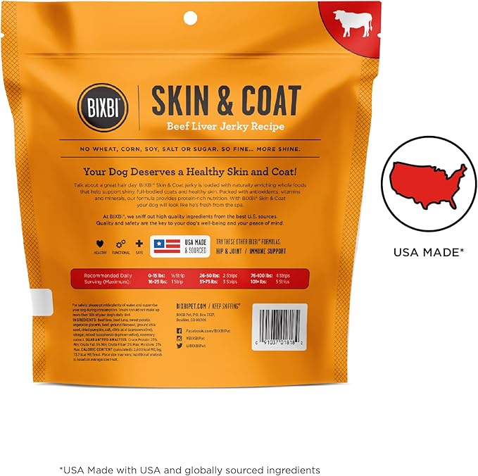 BIXBI Skin & Coat Support Beef Liver Jerky Dog Treats, 12 oz - USA Made Grain Free Dog Treats - Antioxidant Rich to Support Shiny, Full Bodied Coats - High in Protein, Whole Food Nutrition, No Fillers