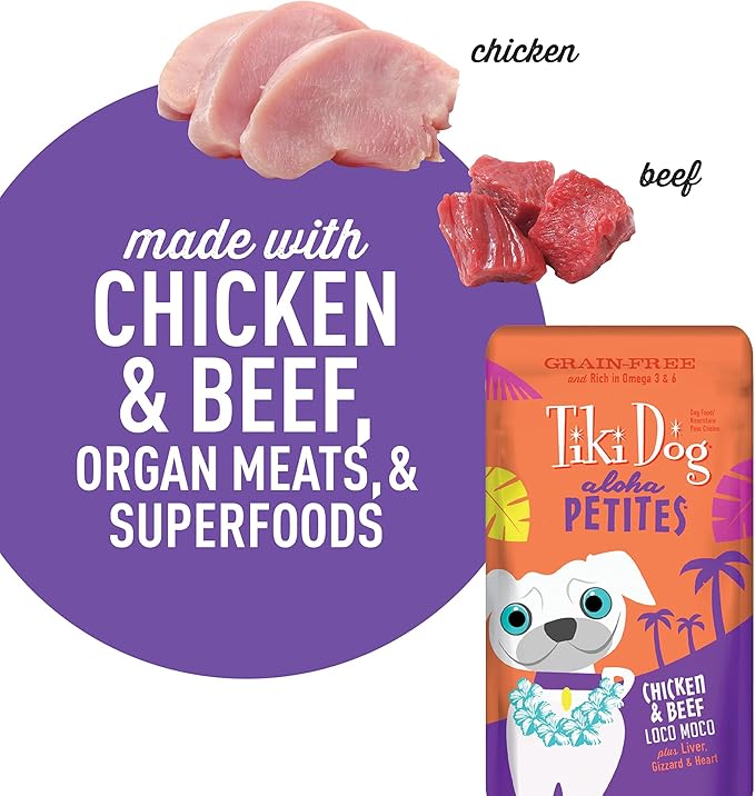 Tiki Dog Petites Grain Free, Chicken & Beef, Nutrient Dense Meat, Meal Topper for Small Dogs and All Life Stages, 3.5 oz Pouch, Pack of 12