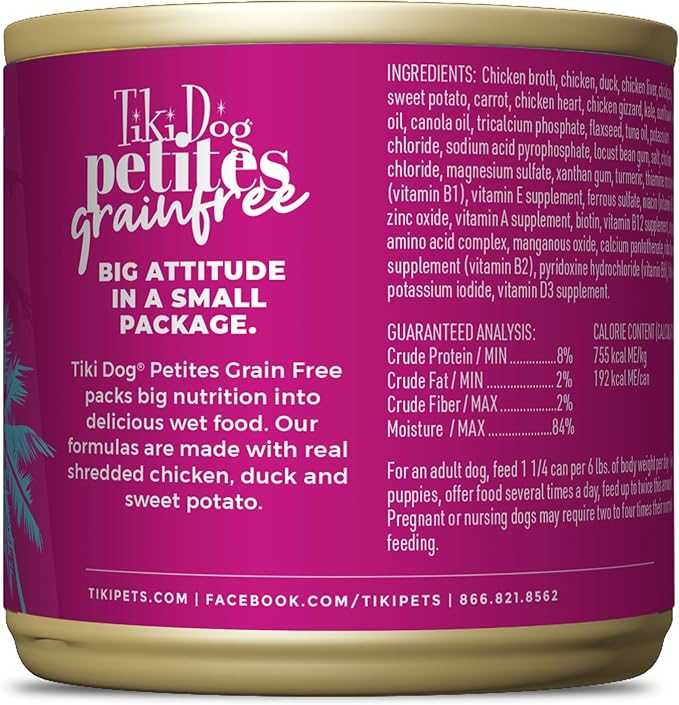 Tiki Dog Petites Grain Free Wet Dog Food, Chicken & Duck, Nutrient Dense Meat, for All Ages and Breeds, 9 oz Can, Pack of 8