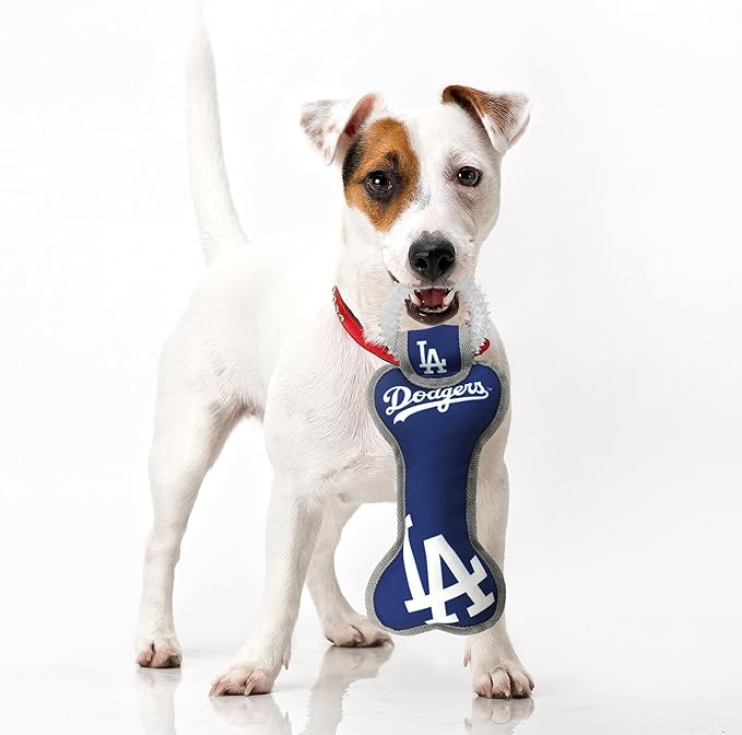 MLB Los Angeles Dodgers Bone Shaped DENTAL DOG TUG TOY with SQUEAKER. TOUGH PET TOY for Healthy Fun, Teething, and Cleaning pet's teeth and gum.