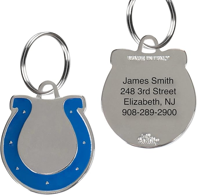 NFL Indianapolis Colts Engraving Pet ID Tags in 32 Team Logo Shapes Personalized Dog Tags and Cat Tags with 3 Lines of Customizable Text for Tracking & Safety. Stainless Steel Pet ID Tracking Tags