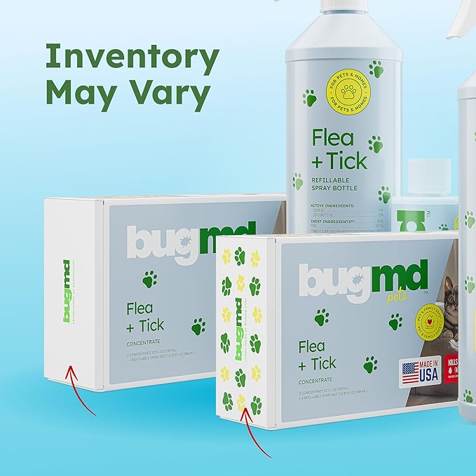 BugMD Flea and Tick Concentrate (3.7 oz, 2 Pack)- Essential Oil-Powered Formula, Controls Fleas, Ticks, Mites in Dogs, Cats, and Other Furred Animals, Spray on Pet Beds, Kennels