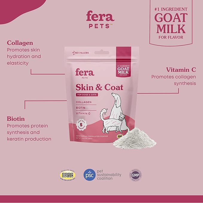 Fera Pets Skin & Coat Goat Milk Cat & Dog Food Topper – Vet Created - Pet Coat Thickness & Skin Hydration - Collagen, Biotin & Vitamin C - 60 Servings