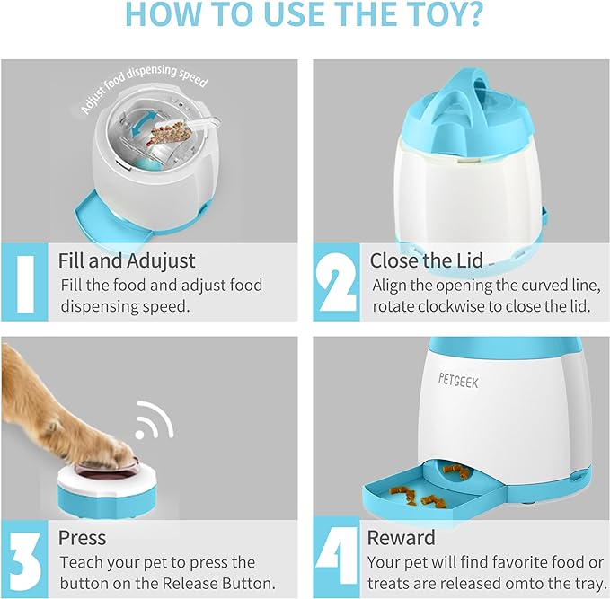PETGEEK Treat Dispenser Dog Toys, Automatic Pet Feeder with Dual Power Supply and Remote Control, Dog Puzzle Toys and Interactive Dog Toys in One for Indoor or Outdoor Play(Blue)