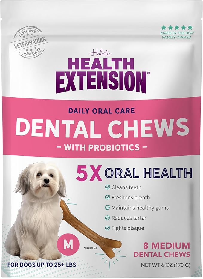 Health Extension Probiotic Dog Chew Bone Treats, Puppy Training Treat, Medium Sticks for Dental Teeth Cleaning & Breath Freshener, Medium (Pack of 8)