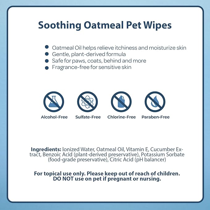 Best Pet Supplies 8" x 9" Pet Grooming Wipes for Dogs & Cats, 100 Pack, Plant-Based Deodorizer for Coats & Dry, Itchy, or Sensitive Skin, Clean Ears, Paws, & Butt - Soothing Oatmeal (Unscented)