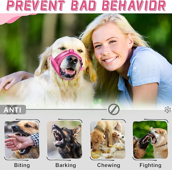 Dog Muzzle Soft Air Mesh Muzzle for Large Dogs, Adjustable Pet Muzzle for Small Medium Dogs to Drink Normally, Breathable Reflective Muzzle for Dogs to Prevent Biting Barking(Pink,XL-2)