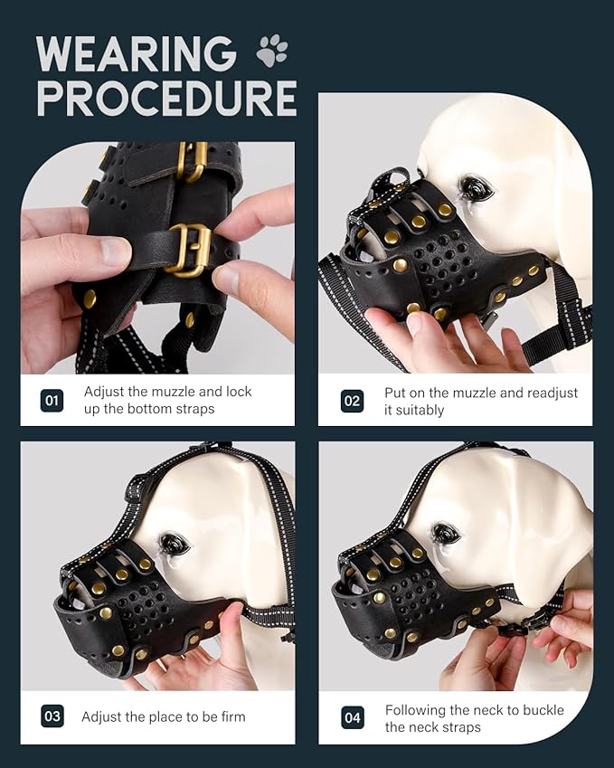 Dog Muzzle, Anti-Escape Leather Basket Muzzle for Medium and Large Dogs, Pitbull Dog Muzzle Leather Amstaff Muzzles Staffordshire Terrier Secure Basket, Prevents Biting, Barking and Chewing(Black,XL)