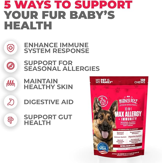 Mighty Petz MAX Dog Allergy Relief Chews - Itch Relief for Dogs. Dog Allergy Chews, Seasonal Allergies, Dog Itchy Skin & Immune Support Supplement. Colostrum & Probiotics