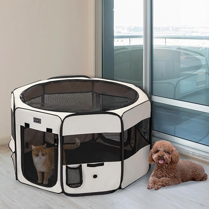 PETSFIT Dog Playpen, 45.5" Sturdy Pop Up Dog Kennel Foldable Dog Pen Indoor Outdoor Puppy Playpen for Medium Dogs Cats with Traveling Bag Zipper Sealed Removable Mesh Top Leakproof Bottom Mat Beige L