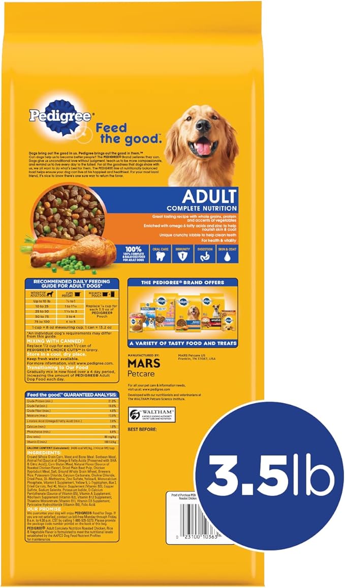 Pedigree Complete Nutrition Adult Dry Dog Food Roasted Chicken, Rice & Vegetable Flavor Dog Kibble, 3.5 lb. Bag (Pack of 4)