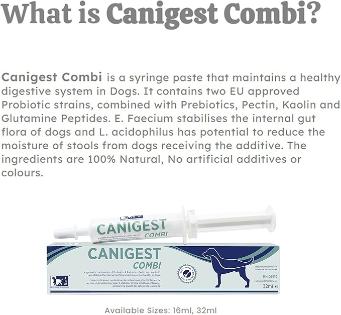 Canigest Combi - Diarrhea Treatment for Dogs | Stop Diarrhea in Hours | Combination of Pectin + Kaolin + 2 Probiotics + 2 Prebiotics | No Recurrence of Symptoms for Months - 32mL