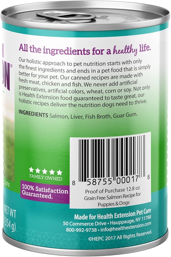Health Extension Wet Dog Food, Gluten and Grain-Free, Healthy Natural Food Canned for Puppies, Salmon Recipe (12.5 Oz / 362 g) (Pack of 12)