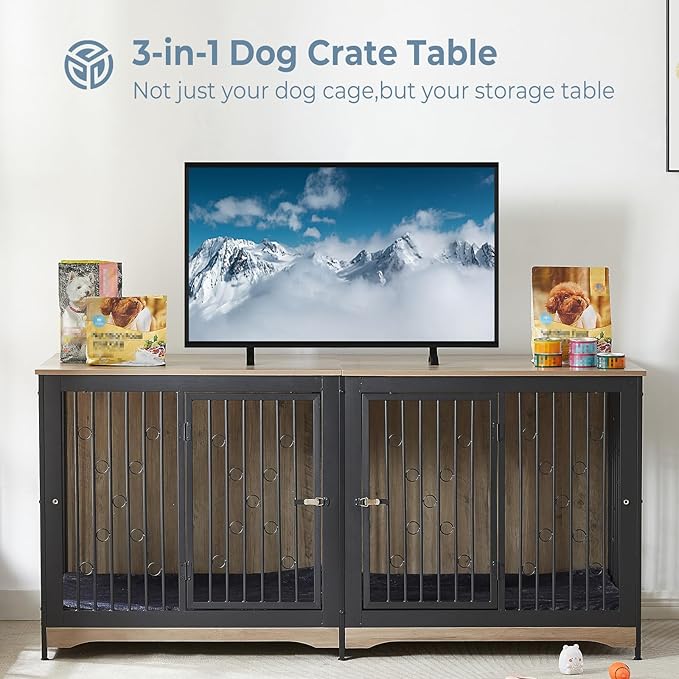 70.86'' Dog Crate Furniture Large Breed TV Stand with Cushion & Double Rooms,Wooden Dog Kennel Dog Crate End Table with Removable Divider for Large Medium Dogs, Grey