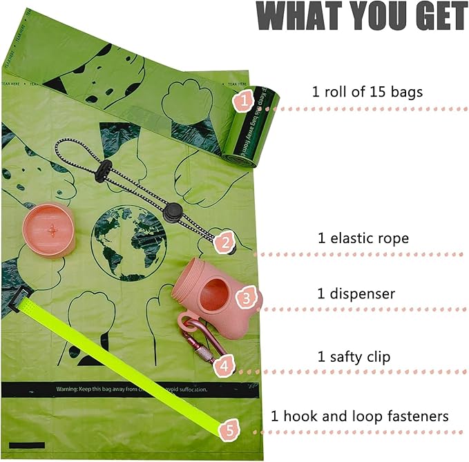 Bag Dispenser Dog Poop Bags Holder Dog Waste Bags Dispenser with Leak-Proof Green Poop Bags for Leash On The Go for Walking Dogs Outdoor(1 Holder 15 Bags,Pink)