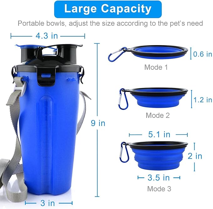 Dog Travel Water Bottle Collapsible Bowls, 2 in 1 Pet Food Container with Collapse Bowls, Outdoor Portable Water Bowls for Walking, Traveling, Camping and Hiking Blue