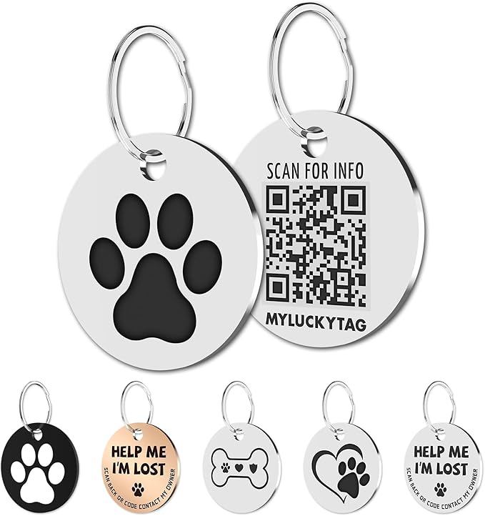 MYLUCKYTAG Stainless Steel QR Code Pet ID Tags Dog Tags - Pet Online Profile - Scan QR Receive Instant Pet Location Alert Email