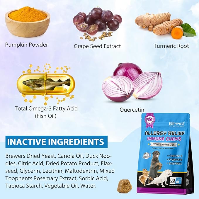 Dog Itch and Immune Chews, Itch Relief Allergy Relief for Dogs, Anti Itch for Dogs, Skin Allergy Treatment for All Dog Breeds, 60 Chews Duck Flavor Dog Skin& Coat Health Supplement