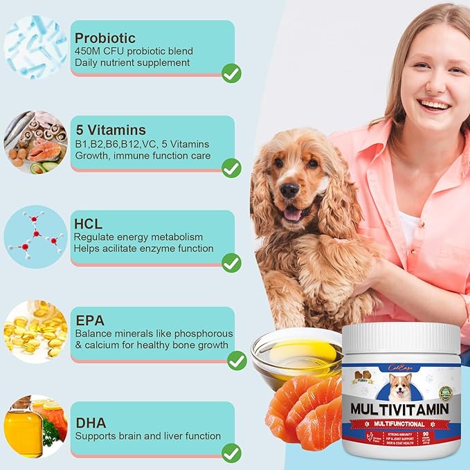 Multivitamin Dog Supplement with Glucosamine, Probiotics, Fish Oil - Promotes Healthy Skin and Coat, Supports Joint Health, Allergy Relief and Digestive Function (Chicken Flavor 90 Ct)
