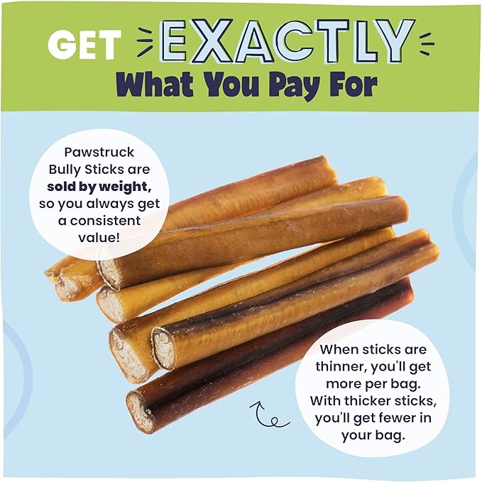 Pawstruck Natural 8-12" Bully Sticks for Dogs - Best Long Lasting, Rawhide Free, Low Odor & Grain Free Dental Chew Treat - Healthy Single Ingredient 100% Real Beef - 1 lb Bag - Packaging May Vary