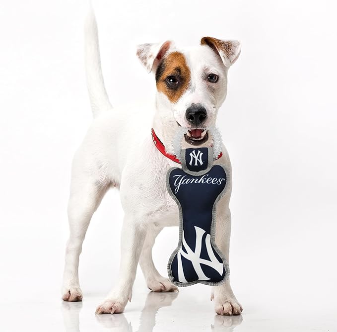 MLB New York Yankees Bone Shaped Dental Dog TUG Toy with Squeaker. Tough PET Toy for Healthy Fun, Teething, and Cleaning pet's Teeth and Gum.
