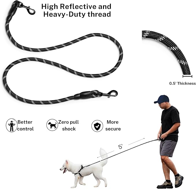 5ft Hands Free Dog Leash, Waist Dog Leash, Heavy Duty Belt Dog Leashes with Zipper Pouch, and Highly Reflective Threads for Walking, Jogging, and Running with Your Dog