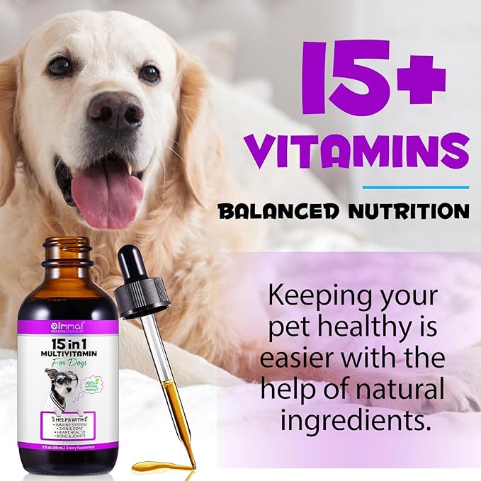 15 in 1 Dog Multivitamin Drops for Dogs - Dog Vitamins & Supplements Natural Dog Multivitamins and Minerals - Glucosamine, MSM for Skin & Coat, Heart Health, Bones, Joint, Immune System Support