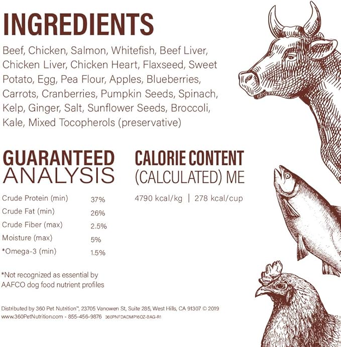 360 Pet Nutrition Freeze Dried Raw Complete Meal for Adult Dogs, High Protein, Omega 3's, No Fillers, Made in The USA, 16 Ounce (Multi Meat)