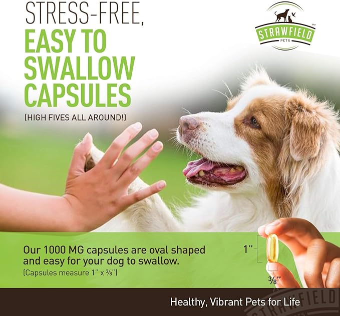Strawfield Pets' Omega 3 Fish Oil for Dogs Dog Fish Oil Pet Supplement for Joint Support & Pain Relief Allergy Itch Shedding Healthy Coat Dry Itchy Skin Hot Spots USA 1000 mg EPA DHA 250 Softgel Pills
