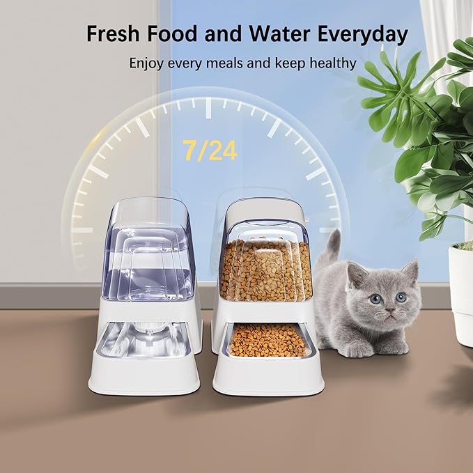 Automatic Dog and Cat Food Feeder and Water Dispenser Set with Stainless Steel Bowls,Gravity Pet Food and Water Feeders,100% BPA-Free,Large Capacity for Cats Dogs Pets… (3.5L white)