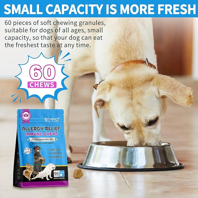Dog Itch and Immune Chews, Itch Relief Allergy Relief for Dogs, Anti Itch for Dogs, Skin Allergy Treatment for All Dog Breeds, 60 Chews Duck Flavor Dog Skin& Coat Health Supplement