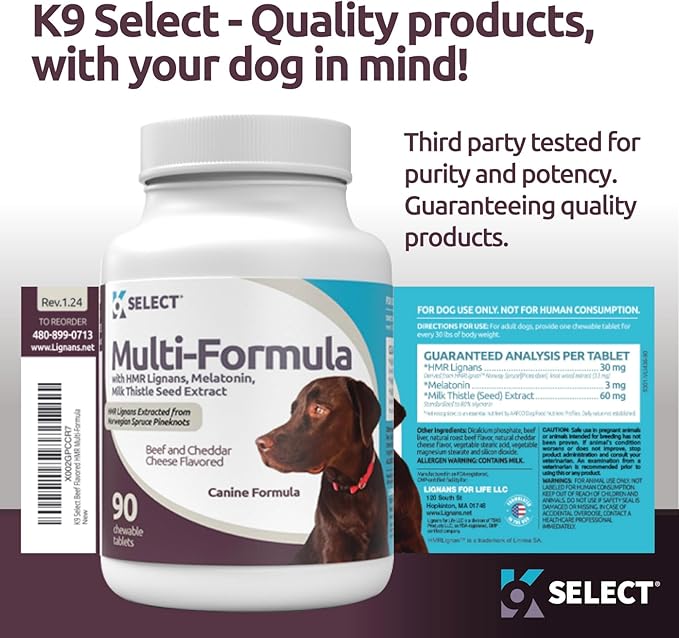 Multi-Formula Dog Vitamins with 30mg HMR Lignans, 3mg Melatonin for Large Dogs, 60mg Milk Thistle - 90 Tablets - Pet Melatonin for Dogs, Beef Flavor