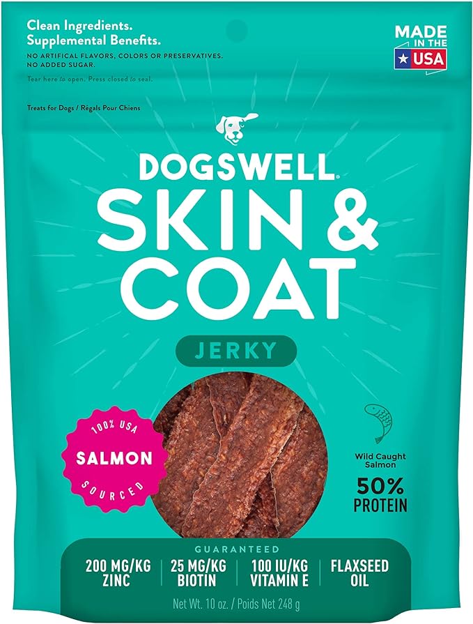 Dogswell Skin and Coat Grain-Free Salmon Jerky for Dogs, 10 Ounces, Model: 842225