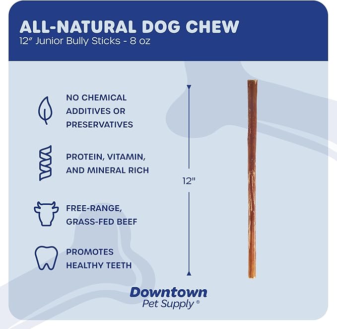 Downtown Pet Supply Thin Junior Bully Sticks (12" - 1/2 LB) - Bully Sticks for Small Dogs and Puppies- Single Ingredient Long Lasting Dog Dental Treats - Alternative to Chew Bones