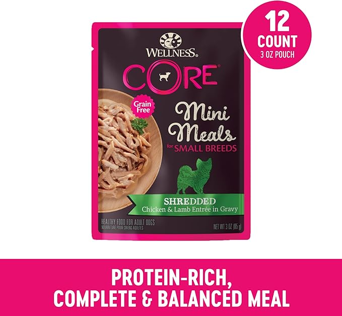 Wellness CORE Natural Grain Free Small Breed Mini Meals Wet Dog Food, Shredded Chicken & Lamb Entrée in Gravy, 3-Ounce Pouch (Pack of 12)