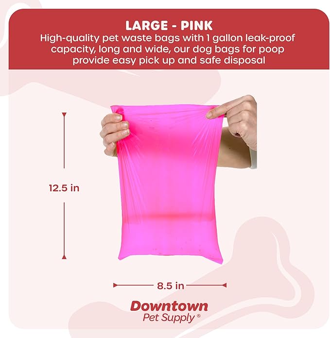 Downtown Pet Supply 220 Count Dog Poop Bags Refills with Leash Clip and Bone Bag Dispenser, Pink - Dog Waste Bags Unscented and Leak-Proof with Dog Poop Bag Dispenser - 12.5 x 8.5"