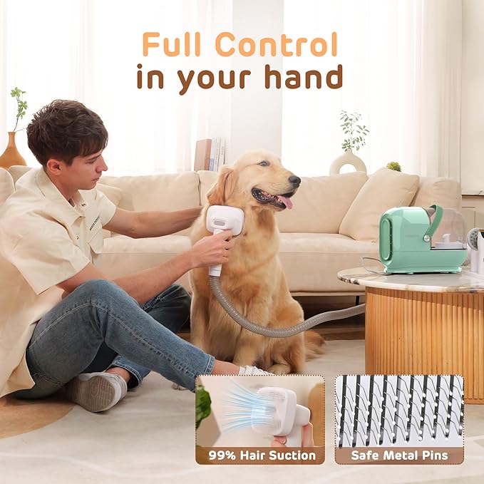 Dog Grooming Vacuum Kit, 3L Pet Grooming Vacuum with 7 Pet Grooming Tools, Dog Vacuum for Shedding Grooming at Home with Low Noise Electric Clipper and Brush, Green