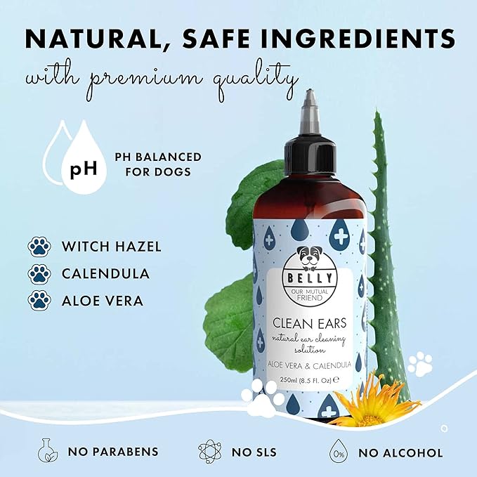 Belly Dog Ear Cleaner - Natural Ear Cleaner for Dogs: for Waxy Ear Canals. Ear Wash for Dogs for Dog Itchy Ears - Dog Ear Wipes Alternative, 8.5 Fl Oz