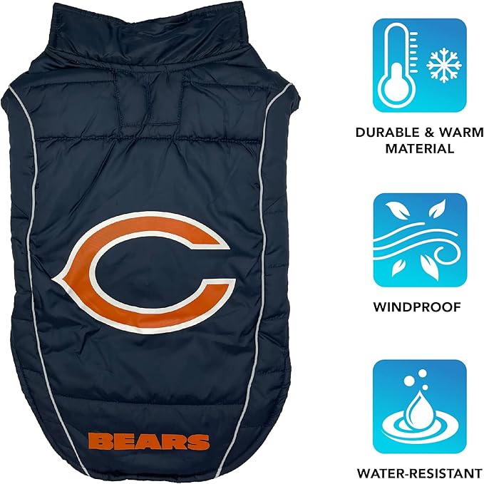 NFL Chicago Bears Puffer Vest for Dogs & Cats, Size Small. Warm, Cozy, and Waterproof Dog Coat, for Small and Large Dogs/Cats. Best NFL Licensed PET Warming Sports Jacket