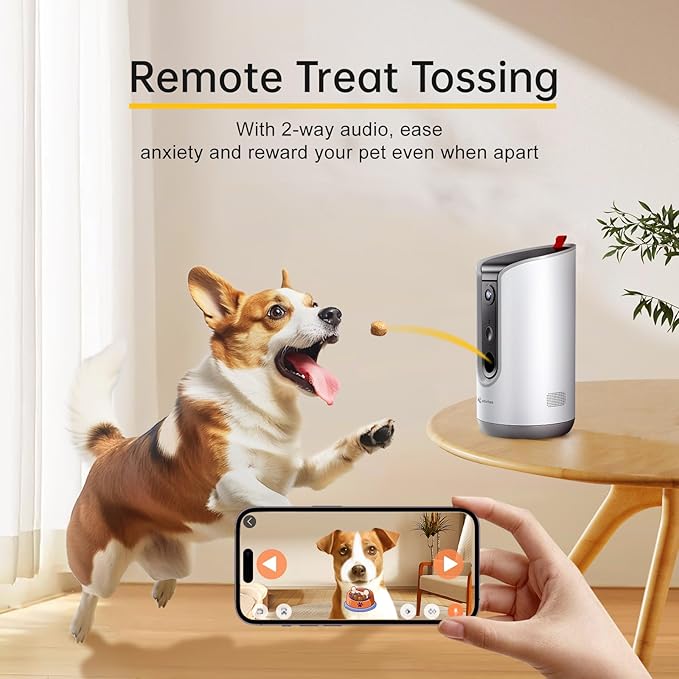 Pet Camera Dog Treat Dispenser: 2K Video Two Way Audio 360 Automatic Tracking for Cat Dogs - 5g WiFi Remote View and Bark Alert on Phone App Compatible with Alexa & Google Assistant